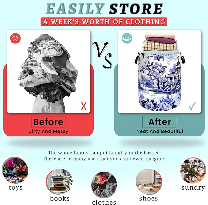 Blue White Porcelain Laundry Basket Chinoiserie Funny Laundry Hamper Foldable - Image 3
