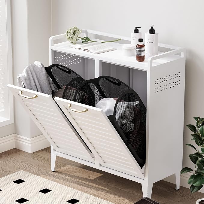 100L Dual Laundry Hamper Cabinet, 2-Section Metal Laundry Sorter by UVGHPW
