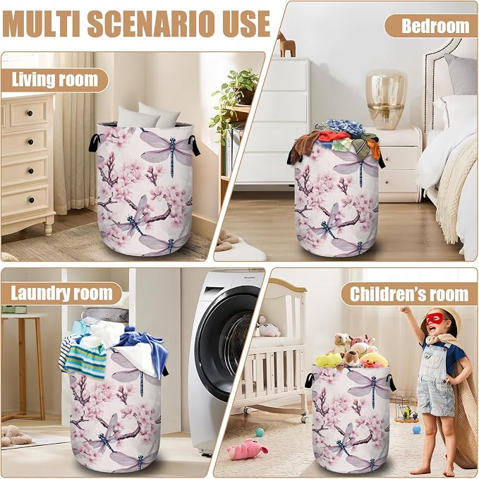 Dragonfly Laundry Basket, Foldable Cherry Blossom Laundry Hamper Tote Bag Dirty - Image 7