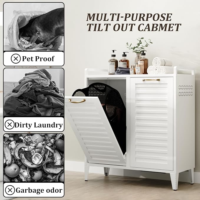 100L Dual Laundry Hamper Cabinet, 2-Section Metal Laundry Sorter - Image 4