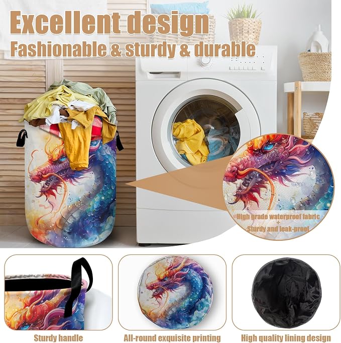 Colorful Dragon Laundry Basket, Foldable Waterproof Laundry Hamper Tote Bag - Image 4