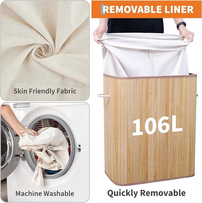 Large Laundry Hamper with Lid, 72l & 104l Capacity, Foldable Bamboo Frame with - Image 7