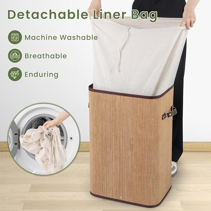 Byroce Bamboo Laundry Basket, Collapsible Laundry Hamper - Image 3