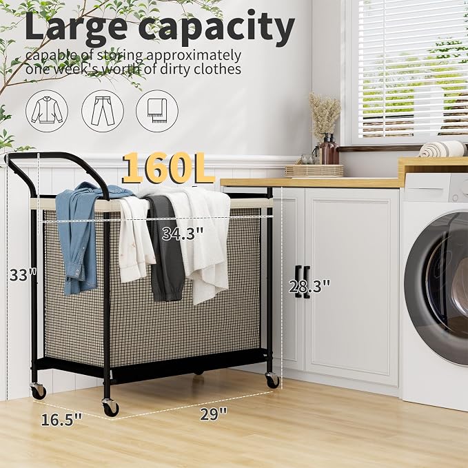 Laundry Hamper with Wheels, Laundry Basket with Removable and Washable Liner Bag - Image 2