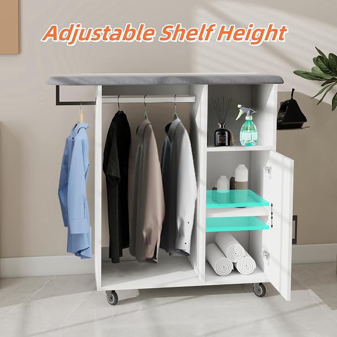 Rolling Ironing Board with Storage Cabinet, Ironing Cabinet with Wheel - Image 4