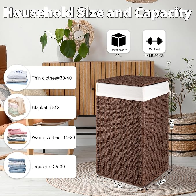 OIAHOMY Laundry Hamper with Lid, 17.2 Gal Wicker Hamper with Removable Liner Bag - Image 2