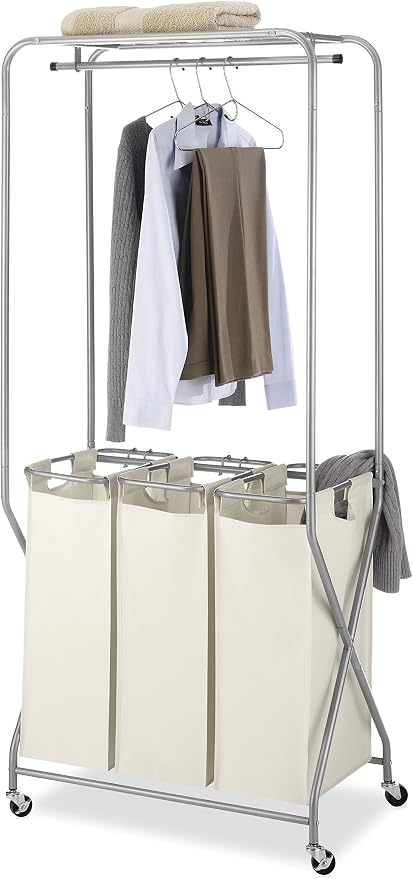 Whitmor Garment Rack Removable Bags-Tan, Triple SORTER Laundry Center - Image 3