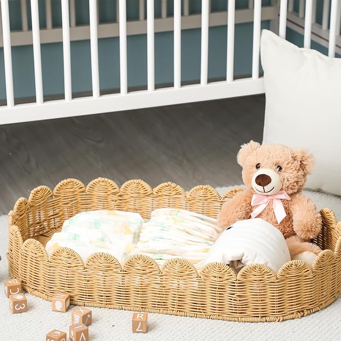 Handmade Scalloped Rattan Baby Changing Basket 30 x 16.5 x 5.1 Inch Changing - Image 3