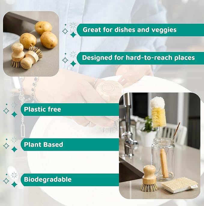 Bamboo Dish Brush Set – Eco Kitchen Cleaning Kit | Bottle Brush, Straw Brush - Image 2