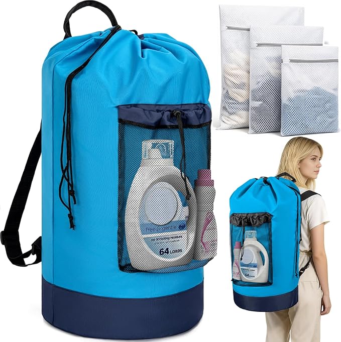 Laundry Bag Backpack with 3 Sizes Mesh Wash Bags and Shoulder Straps Foldable by WELIDAY