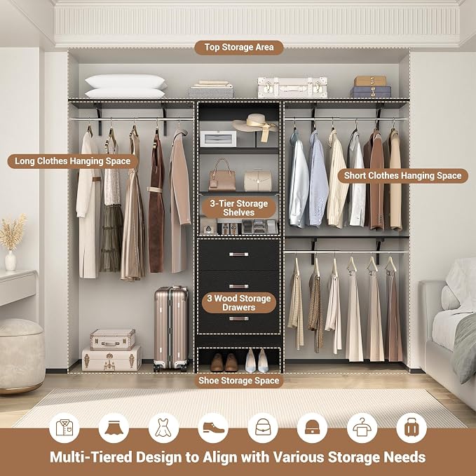 Closet System with Drawer - 8FT Wood Closet Organizer System with 3 Hanging - Image 7