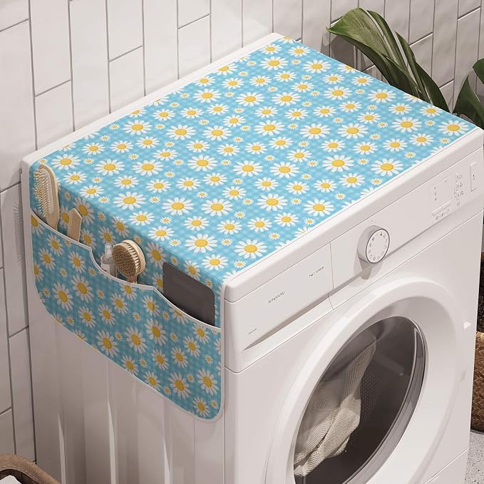 Lunarable Flower Washing Machine Organizer, Camomiles on Checkered Background by Lunarable