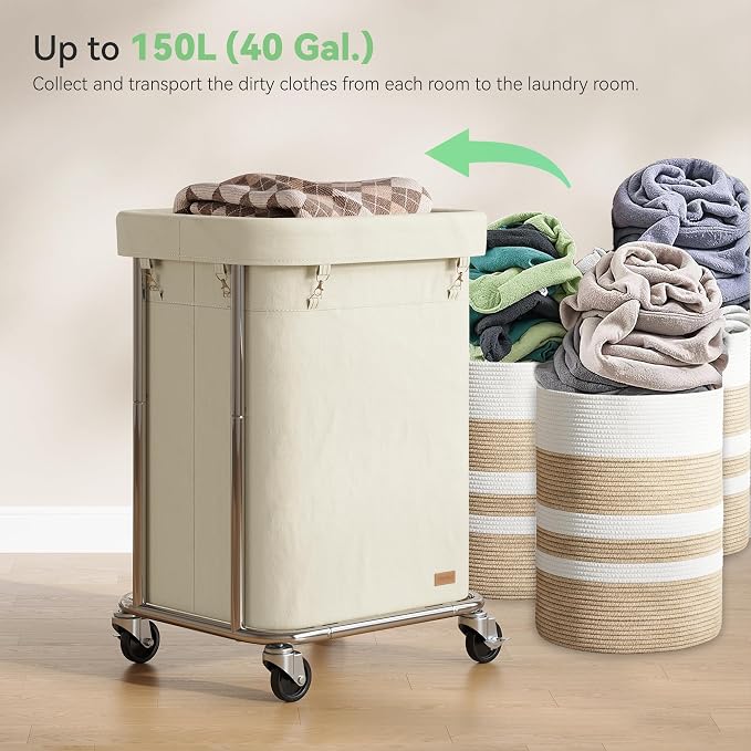 Laundry Basket with Wheels 150L/40Gal, Rolling Laundry Hamper with Steel Fram - Image 3