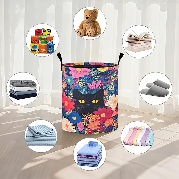 Black Cat Floral Laundry Basket Foldable Oxford Cloth Tote Bag Laundry Hamper - Image 4