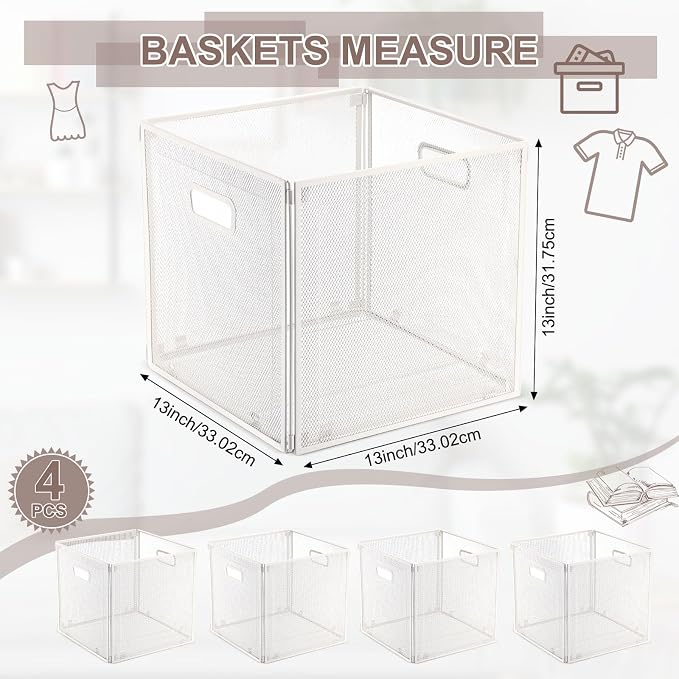 4 Pcs Easter Foldable Metal Cube Storage Baskets 13" x 13" White Kitchen Wire - Image 2
