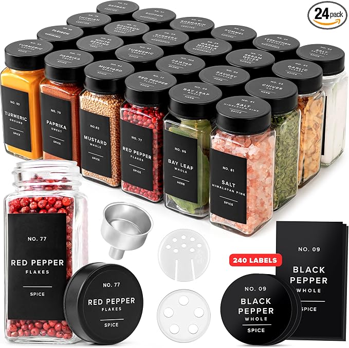 Glass Spice Jars with Label and Black Lids Spice Containers with 240 Labels by EDELHAUS