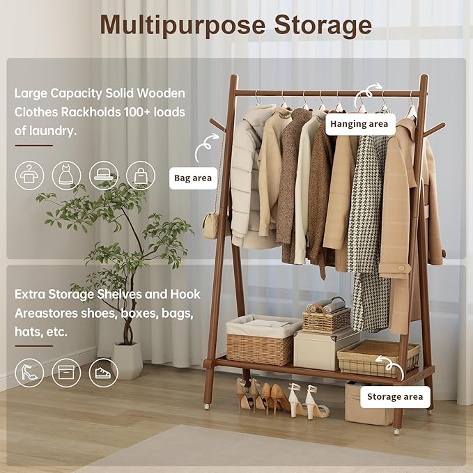 Solid Wood Clothing Rack, Rolling Clothes Rack - Image 3
