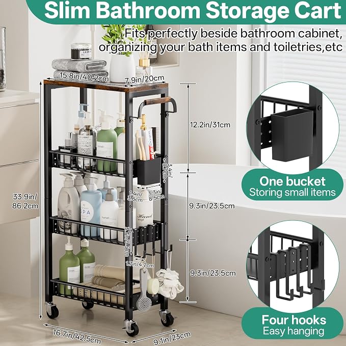 Slim Rolling Storage Cart, 4 Tier Small Organizer Cart - Image 2