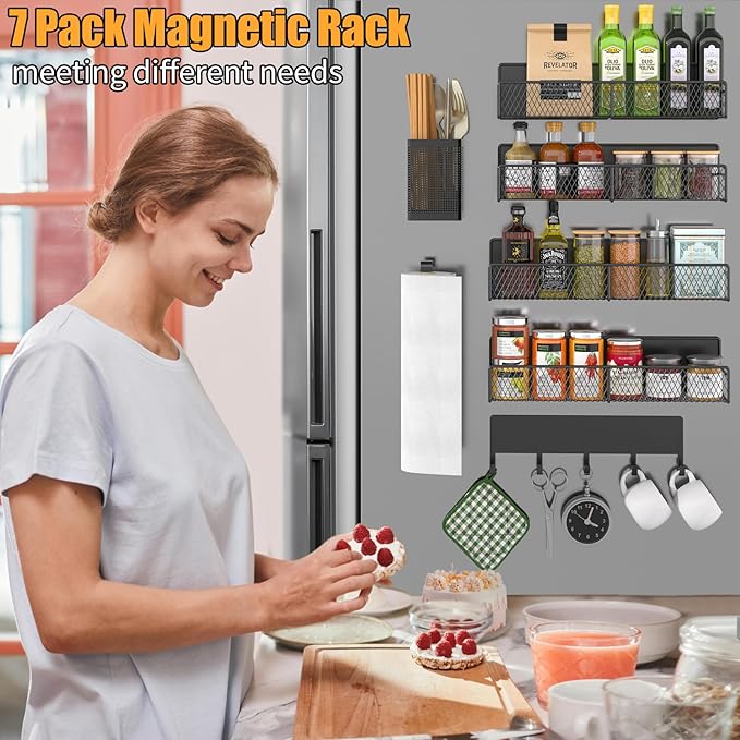 Magnetic Spice Rack for Refrigerator, 7 Pack Metal Shelf Black, Moveable - Image 6
