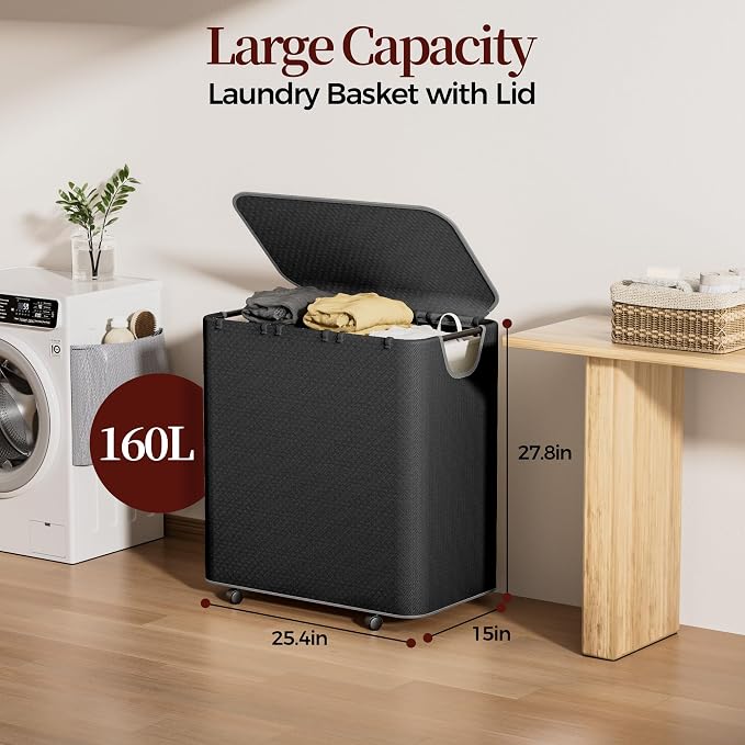 LAMU 160L Laundry Hamper with Wheels, Large Capacity 3 Section Dirty Clothes - Image 3