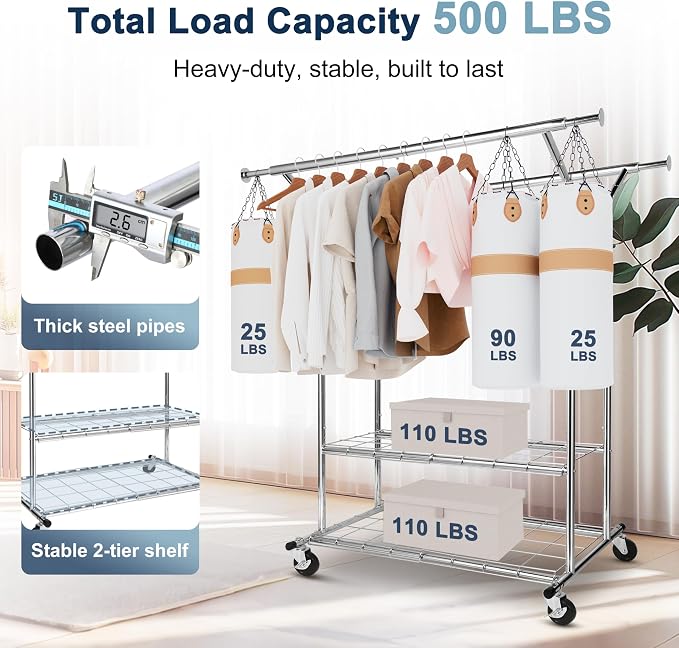 Whitmor Heavy Duty Adjustable Garment Rack-Rolling Clothes Organizer - Image 3