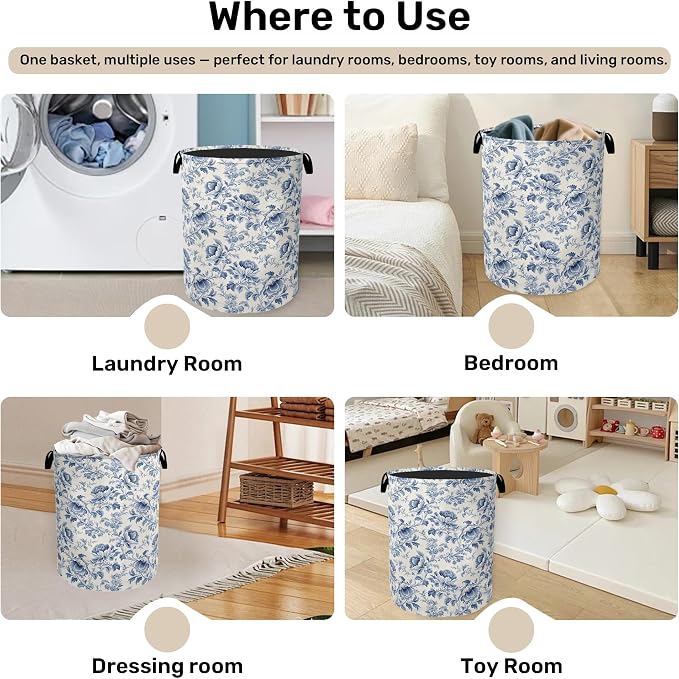 Beige Navy Blue Floral Laundry Basket - Image 4