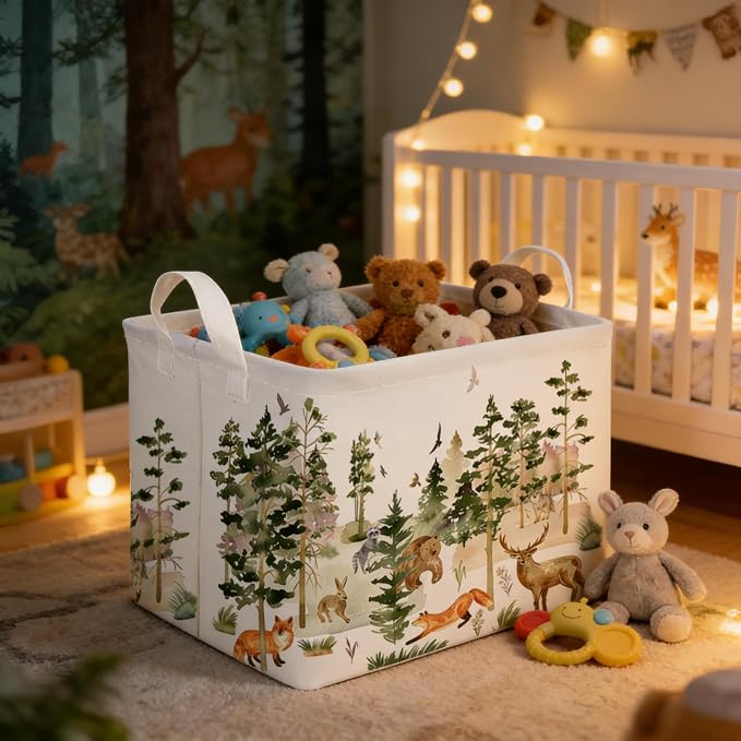 Rectangular Woodland Animal Basket Kids Baby Storage Basket, Bear Fox Boys - Image 2