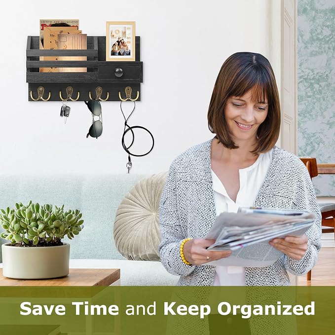 Key Holder Wall Mount, Wooden Adhesive Mail and Key Organizer - Image 2