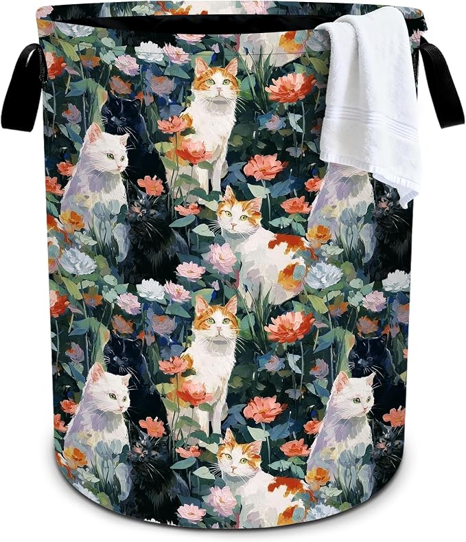 Cat Flowers Laundry Basket Storage Bin Foldable Laundry Hamper Clothes Storage by Bzocm