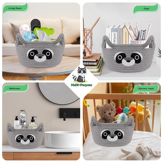 Small Storage Basket for Nursery, Raccoon Storage Basket, Round Woven Rope - Image 3