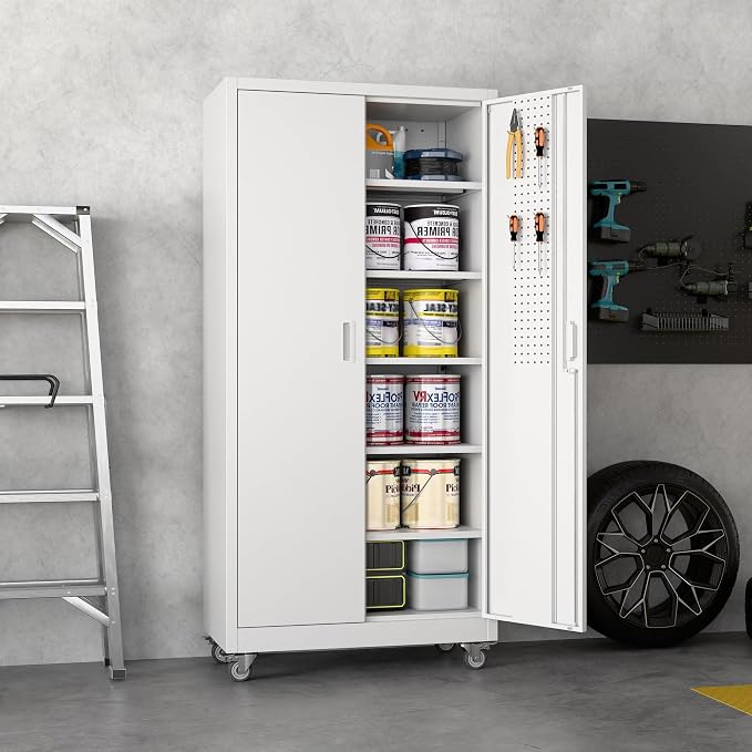 Garage Storage Cabinet with Wheels & Pegboard, Assembly Required - Image 2