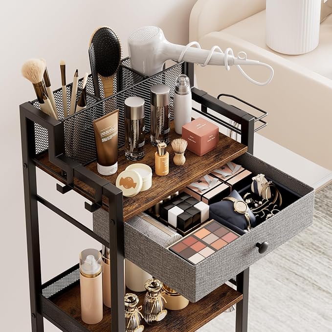 Bathroom Shelves with Drawer, 3 Tier Metal Rolling Standing Unit Storage - Image 6