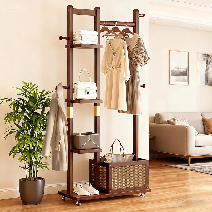 Solid Wood Clothes Rack with Wheels, Freestanding Coat Rack with 4 Shelves by Vulacko