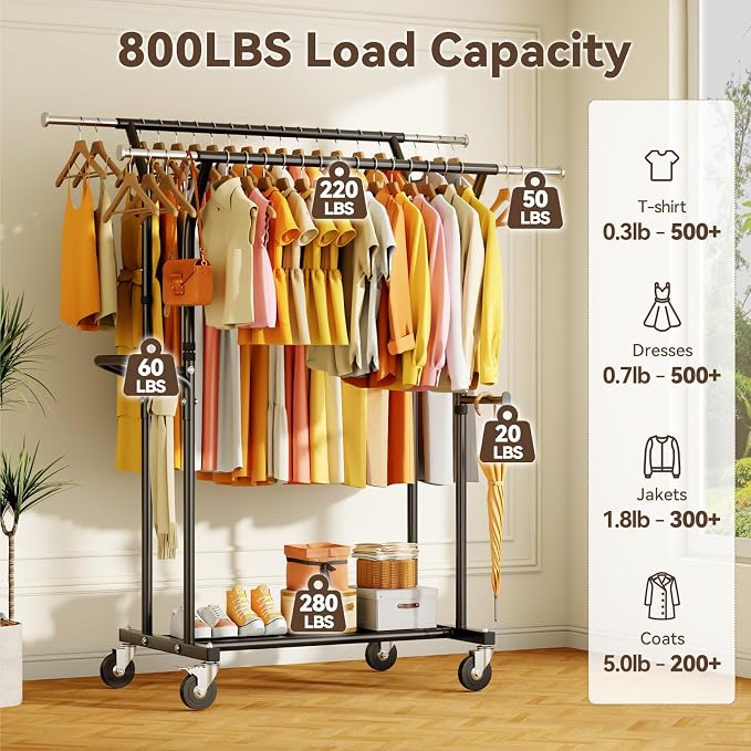 800LBS Heavy Duty Clothes Rack: Rolling Clothing Rack - Image 2