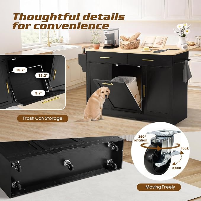 60" Kitchen Island with Power Outlet & Drop Leaf, Rolling Kitchen Island Table - Image 7