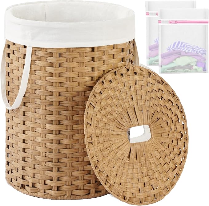 Laundry Hamper with Lid 23.8 Gal Round Laundry Basket with Lid Handwoven by SETVSON