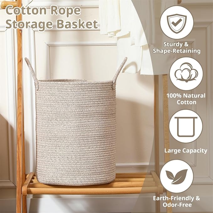 40L Woven Laundry Basket Hamper, 100% Natural Cotton Rope, Handwoven & Durable - Image 3