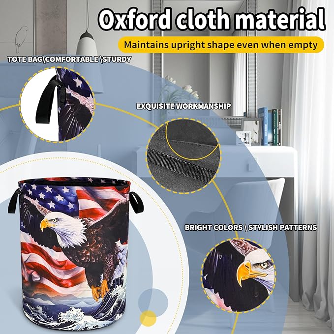 American Flag Eagle Wave Laundry Basket Foldable Oxford Cloth Funny Tote Bag - Image 3