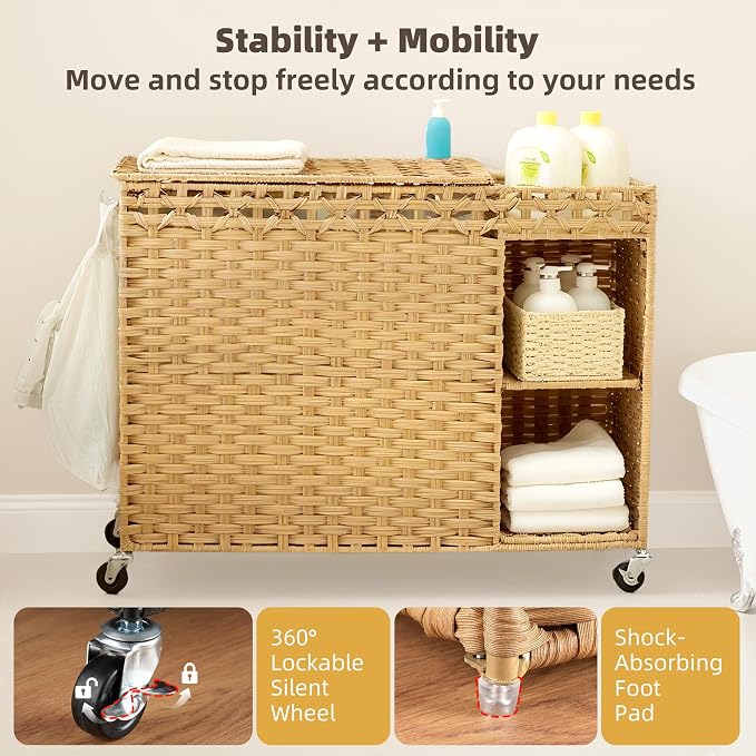 Laundry Hamper with Lid, 160L Rattan Wicker Laundry Basket with Wheels - Image 4