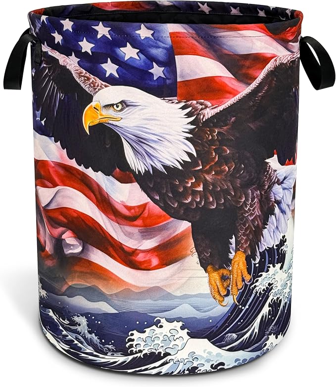 American Flag Eagle Wave Laundry Basket Foldable Oxford Cloth Funny Tote Bag by NUTAINLA