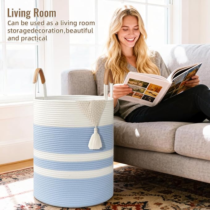 60L Striped Laundry Basket, Woven Cotton Rope Storage Bin - Image 3