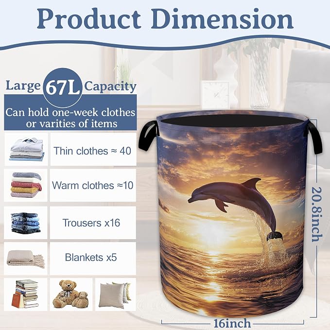 Dolphins Laundry Basket, Foldable Oxford Cloth Sunset Laundry Hamper - Image 2