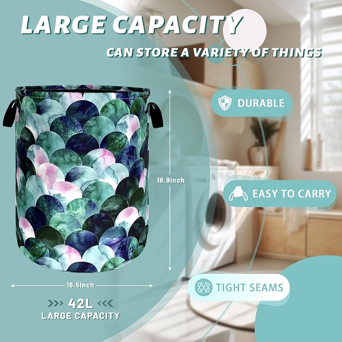 Green Mermaid Scales Laundry Basket Beautiful Scale Funny Laundry Hamper - Image 2
