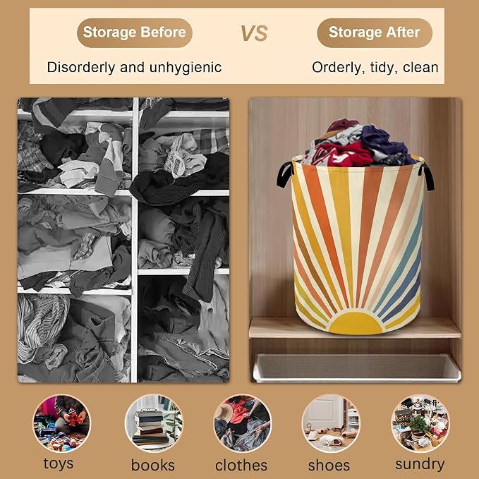 Colorful Boho Laundry Basket, Sunrise Rainbow Collapsible Laundry Baskets - Image 5