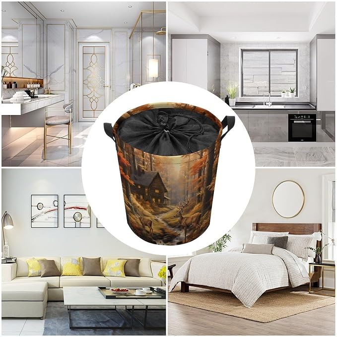 Autumn Forests Deers Round Laundry Bag Collapsible Storage Hamper Basket - Image 5