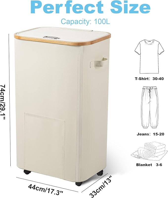 Laundry Basket with Wheels, Tall Dirty Clothes Hamper on Wheels, Rolling - Image 2