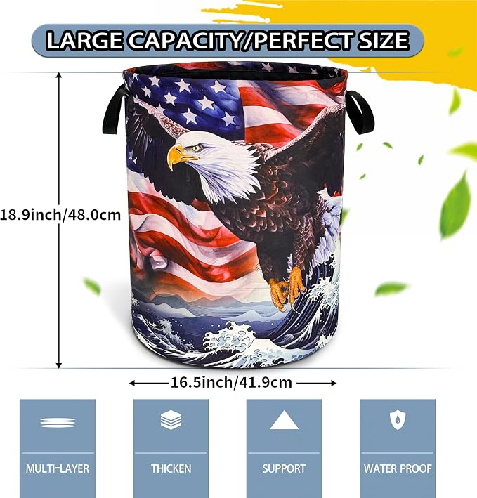 American Flag Eagle Wave Laundry Basket Foldable Oxford Cloth Funny Tote Bag - Image 2