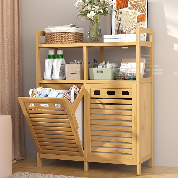 VASMIA Tilt Out Laundry Hamper Cabinet, Bamboo Double Laundry Hamper - Image 8
