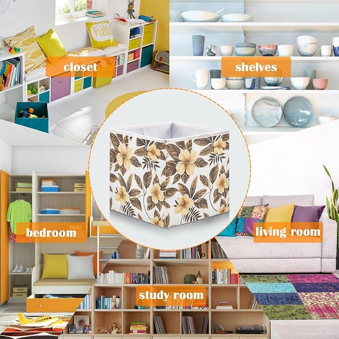 senya Large Storage Bins Gold Flower Leaves White Collapsible Foldable Storage - Image 6
