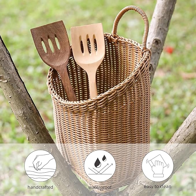 Woven Hanging Wicker Basket for Door, Handmade Rattan Hanging Wall Baskets for - Image 3
